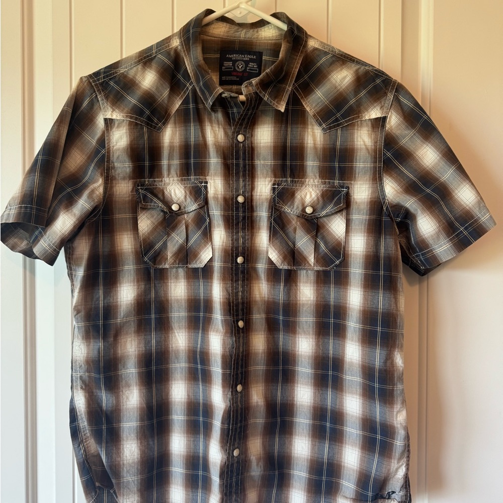American Eagle Outfitters Brown and White Casual Button Down Shirt